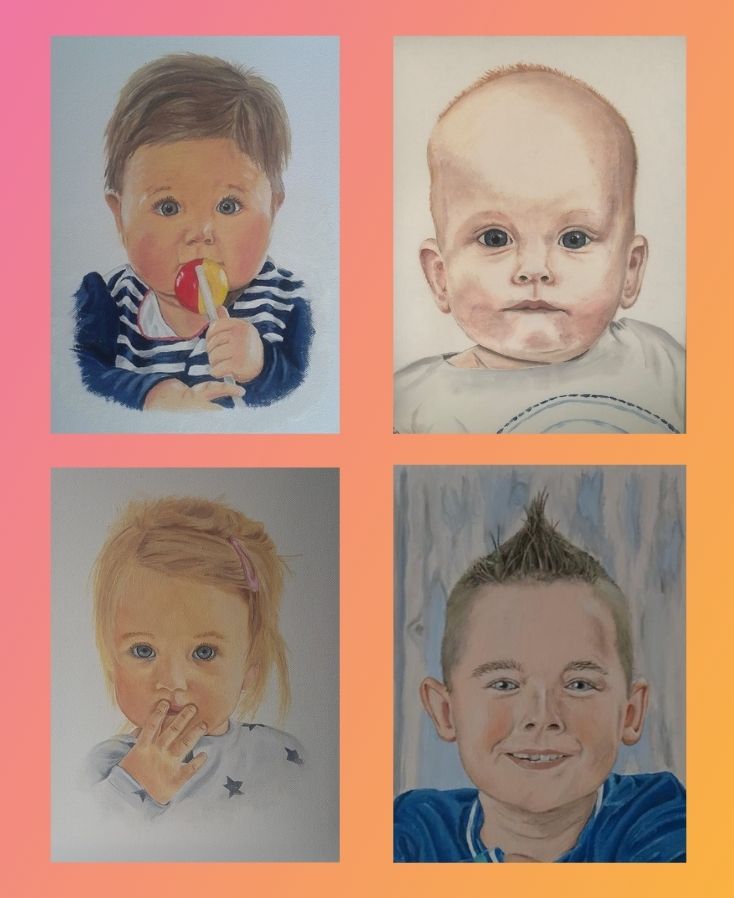 Een schilderij van een portret. Leuk in je woonkamer en ter herinnering. Al vele leuke kinderportretten mogen maken.