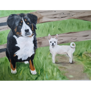 De honden van de eigenaar wilden ze ook graag op de muurschildering. Een muurschildering van een uitzicht met paarden en honden. Het zijn de dieren van de eigenaar zelf, dit maakt het een persoonlijke unieke muurschildering